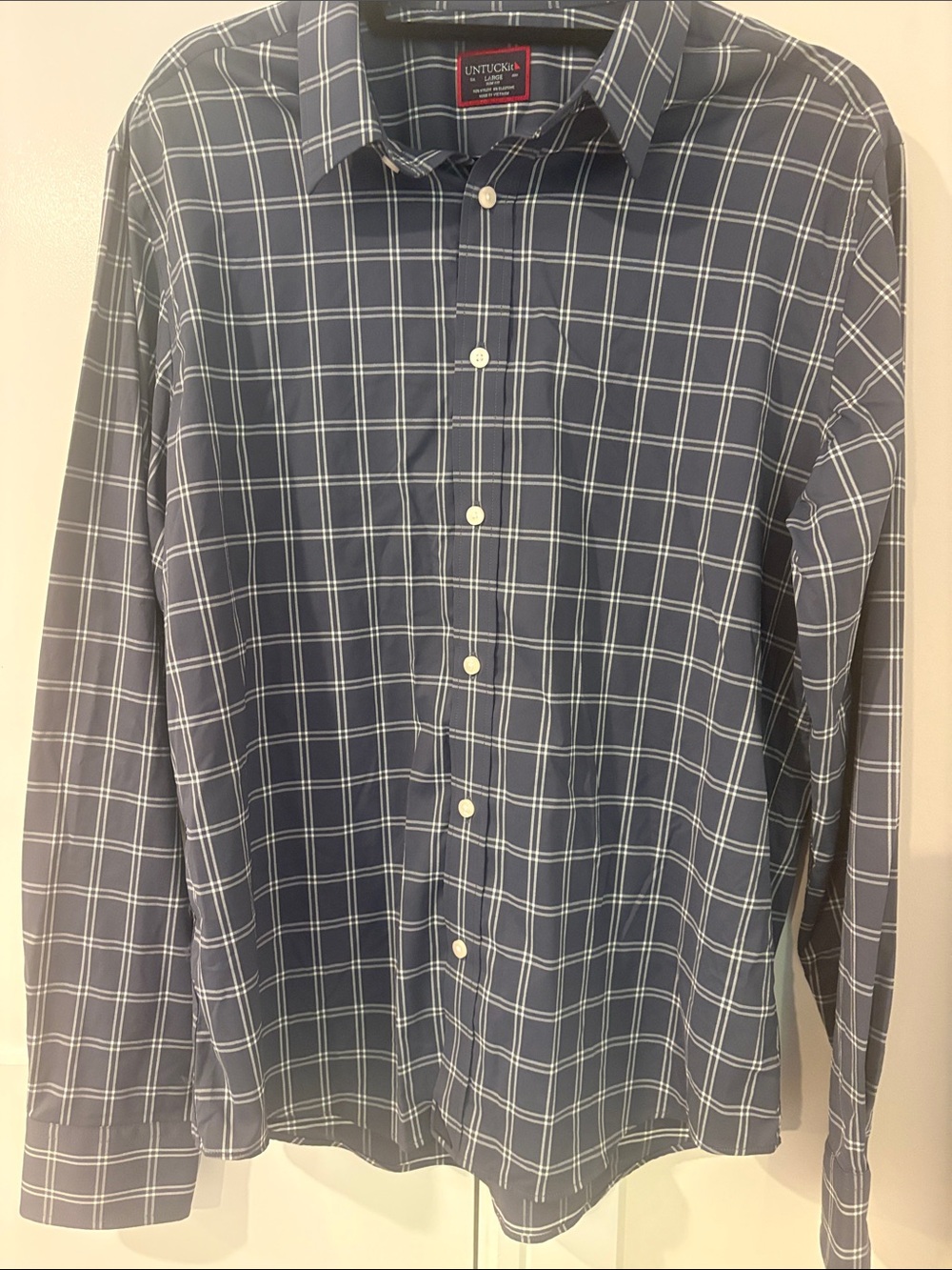 UNTUCKit Navy and White Tayson Slim Windowpane Button-Down Shirt SZ L